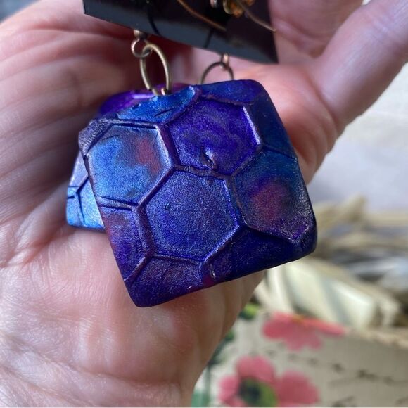 Tinkerbead Designs Handcrafted Earrings Hexagon Patterned Dangle Style - Picture 3 of 6